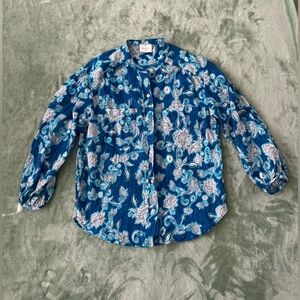 Wrap London Blue Floral Button-Up Blouse Shirt 100% Cotton